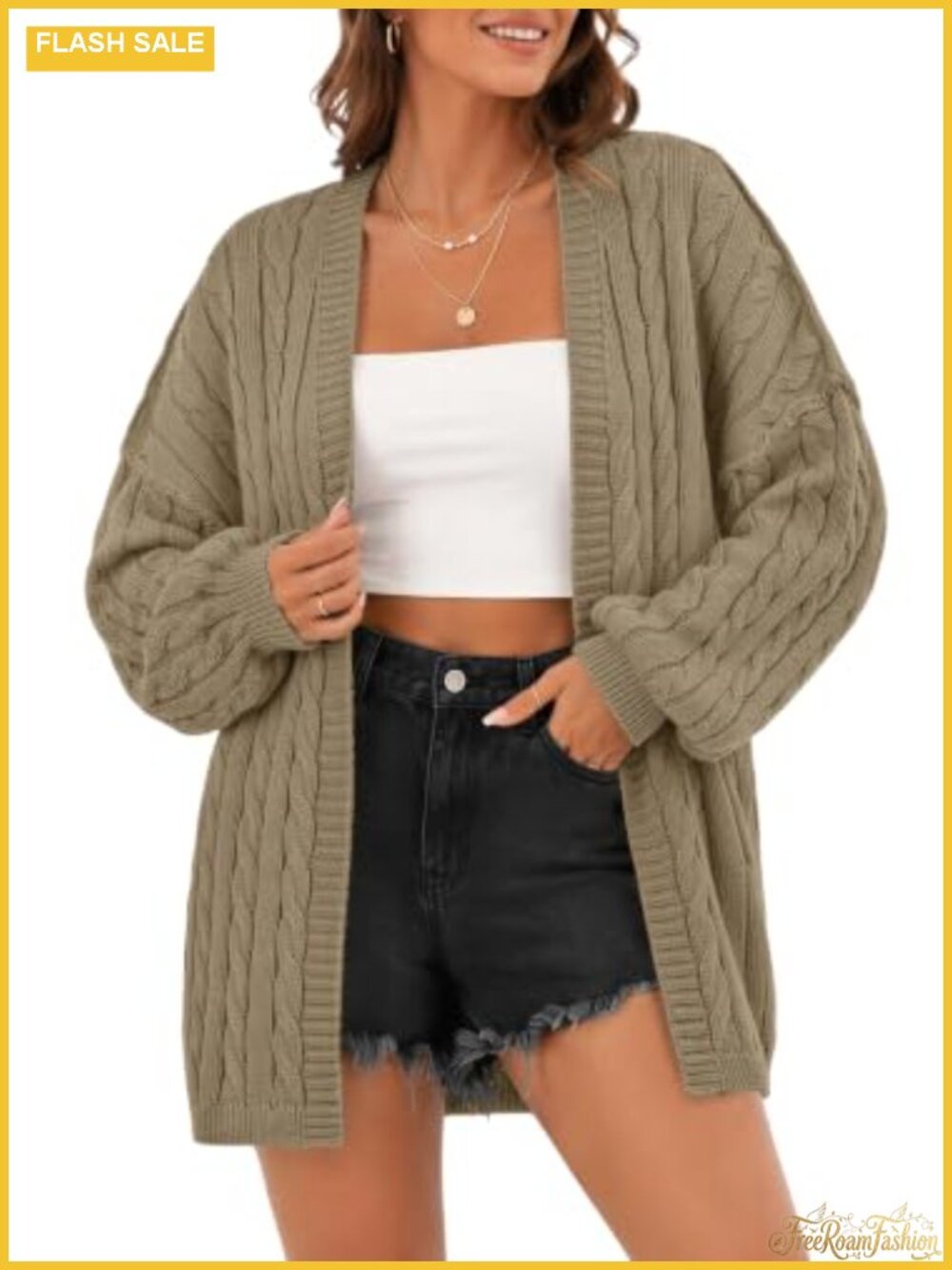 Oversized Cable Knit Cardigan Sweater with Balloon Sleeves Open Front